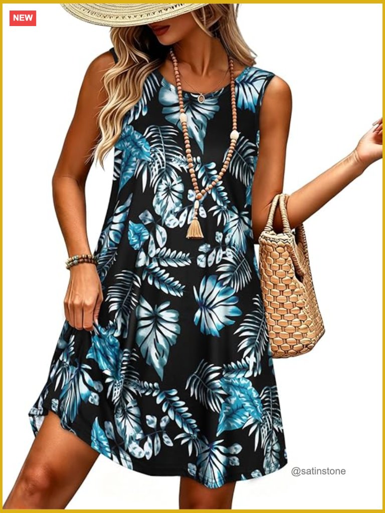 Sleeveless Floral Print Tank Sundress With Pockets Swing Hem